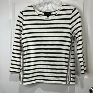 J Crew white & olive green stripped tee with sequin embellishments on sides XS